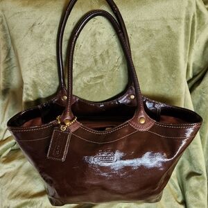 Rich chocolate brown patent leather Coach shoulder bag